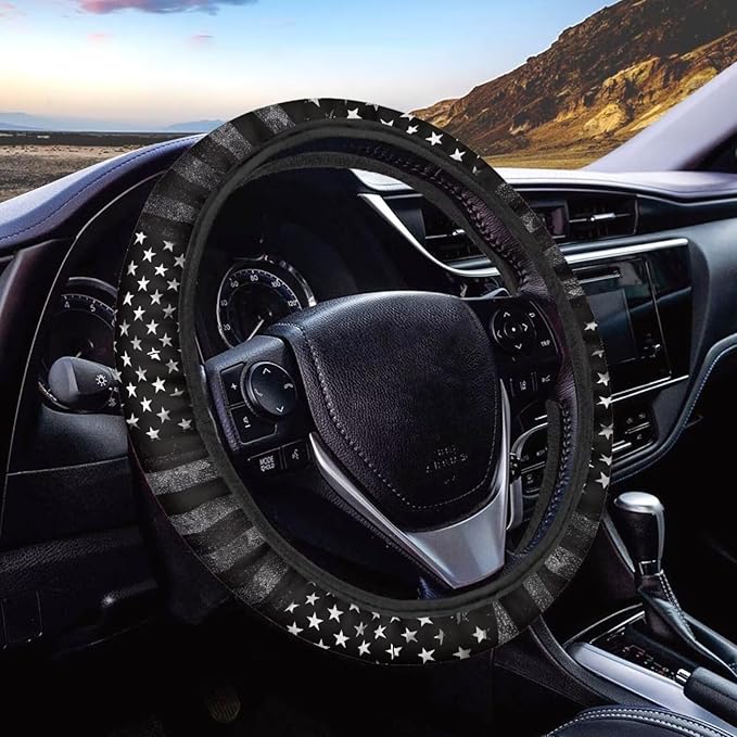 SEANATIVE Black American Flag Print Universal Auto Steering Wheel Protector Car Steering Wheel Cover Anti-Slip 15" Vehicle Accessory All Weather Protection