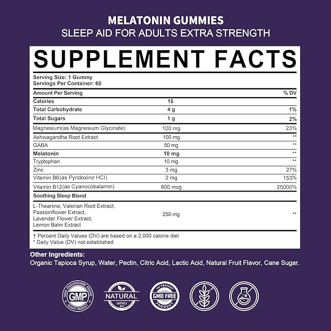 Melatonin Gummies 10mg 20mg for Adults, Melatonin 10 mg per Gummy with Ashwagandha, Magnesium Glycinate, GABA, L-theanine, Valerian Root & Lemon Balm, Rest Support Supplement, Grape Flavor, 2-Pack