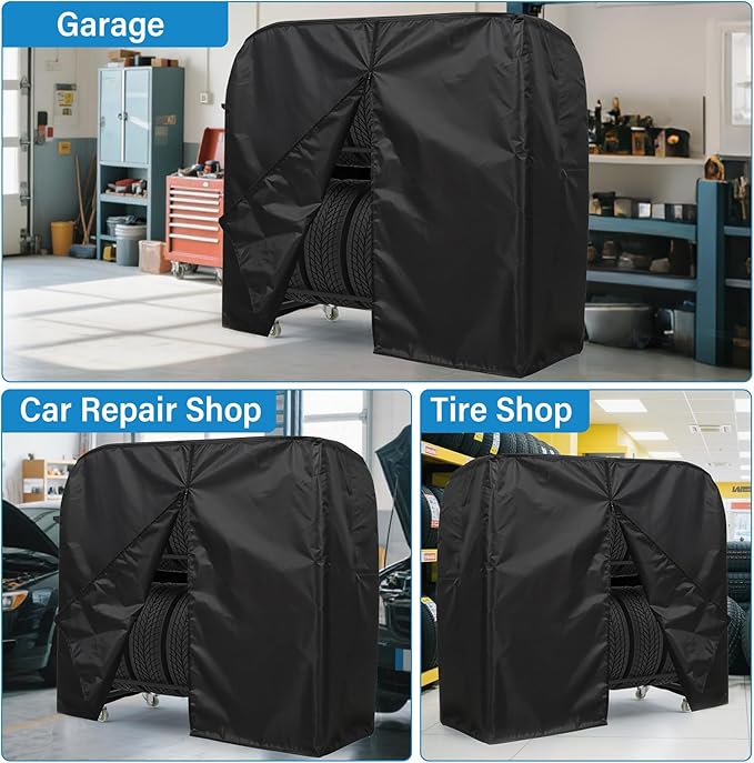 Tire Storage Rack 44" x 44" x 18" with Anti-Dust Cover, Rolling Adjustable Black Alloy Steel Tire Rack for Garage with 4 Swivel Casters & 2 Storage Shelves