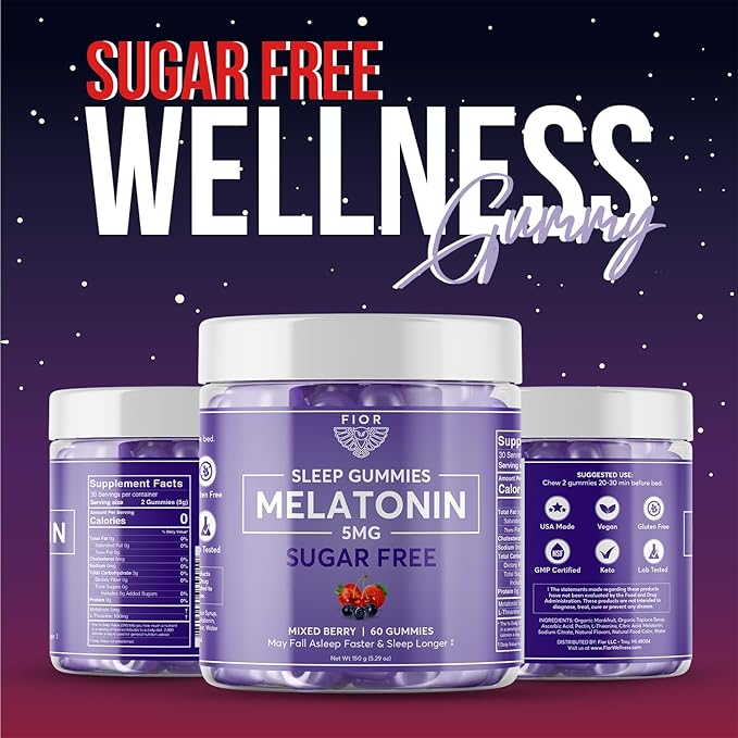 FIOR Sugar Free 60-Count Sleep Aid & Calm Gummies, Melatonin Gummies Sleep Aids for Adults & Kids. Gummy Vitamins for Sleep. Adults & Kids Melatonin & L-Theanine Gummies Natural Herbal Sleep Aid.