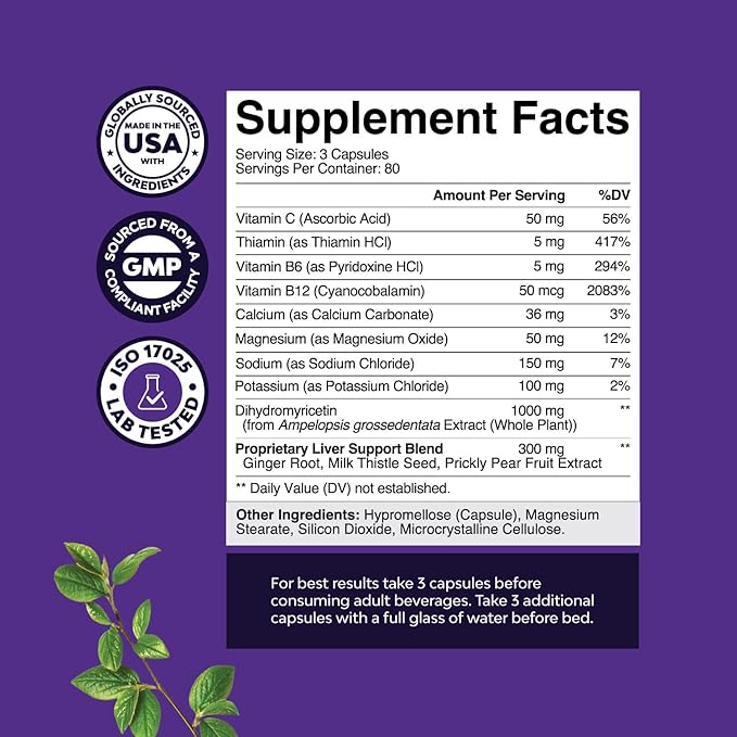 Nighttime Liver Detox & Hydration Pills - Pre and Post Drinking Recovery Liver Support Supplement for Better Mornings with DHM Dihydromyricetin Milk Thistle Extract and Electrolytes (240 Capsules)