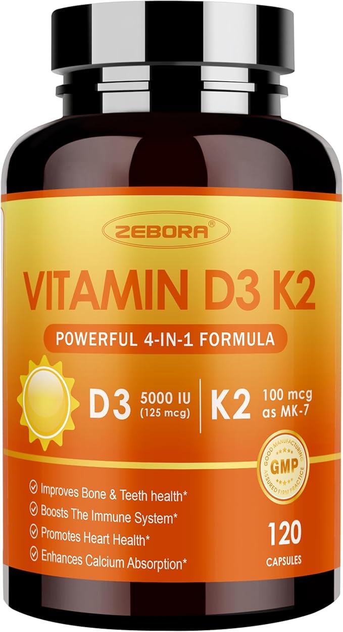 ZEBORA Vitamin D3 K2 with Zinc and Selenium - 5000 IU of Vitamin D3, 100 Mcg MK7 Vitamin K2 for Maximum Absorption, Supports Bones, Teeth & Immune Healt, 120 Capsules