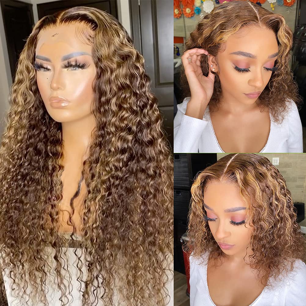 Cynosure 13X5 Curly Honey Blond Ombre Color Highlight Lace Front Human Hair Wigs For Women Invisible Pre Plucked (16 Inch, Highl