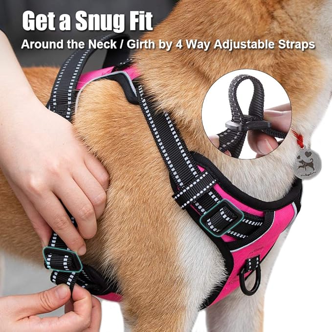 PoyPet No Pull Dog Harness, Reflective Comfortable Vest Harness with Front & Back 2 Leash Attachments and Easy Control Handle Adjustable Soft Padded Pet Vest for Small to Large Dogs (Pink,S)