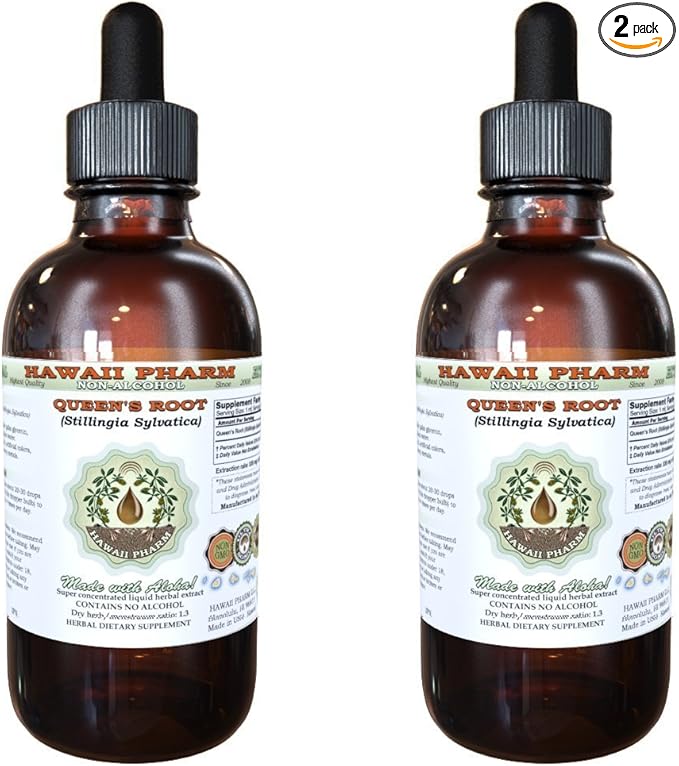Queen's Root Alcohol-Free Liquid Extract, Queen's Root (Stillingia Sylvatica) Dried Root Glycerite Natural Herbal Supplement, Hawaii Pharm, USA 2x2 fl.oz