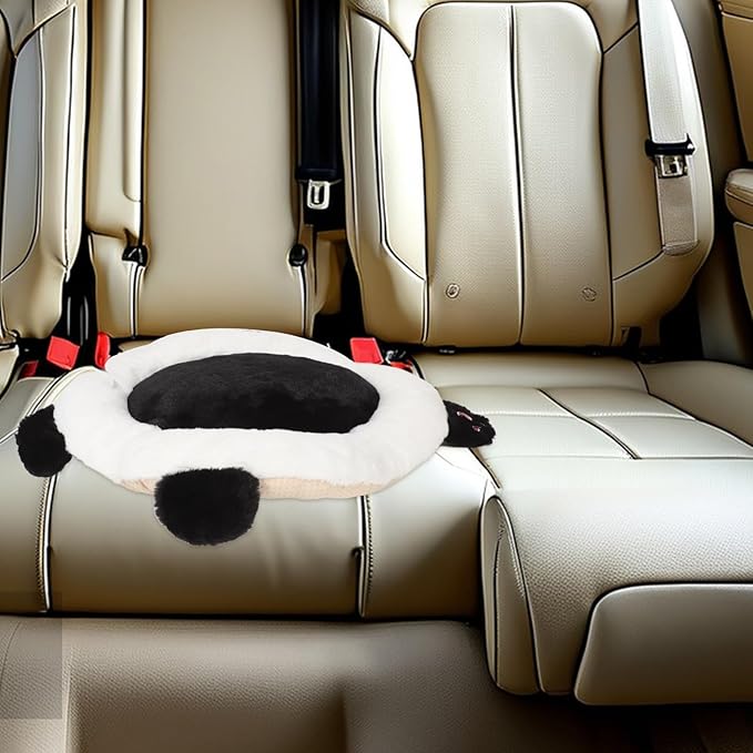 Cute Panda Car Seat Cushion with Lumbar Support, Rabbit Fur Round Pad, Black Auto Seat Pillow for Adults, Comfortable Cushion for Extended Trips and Travel