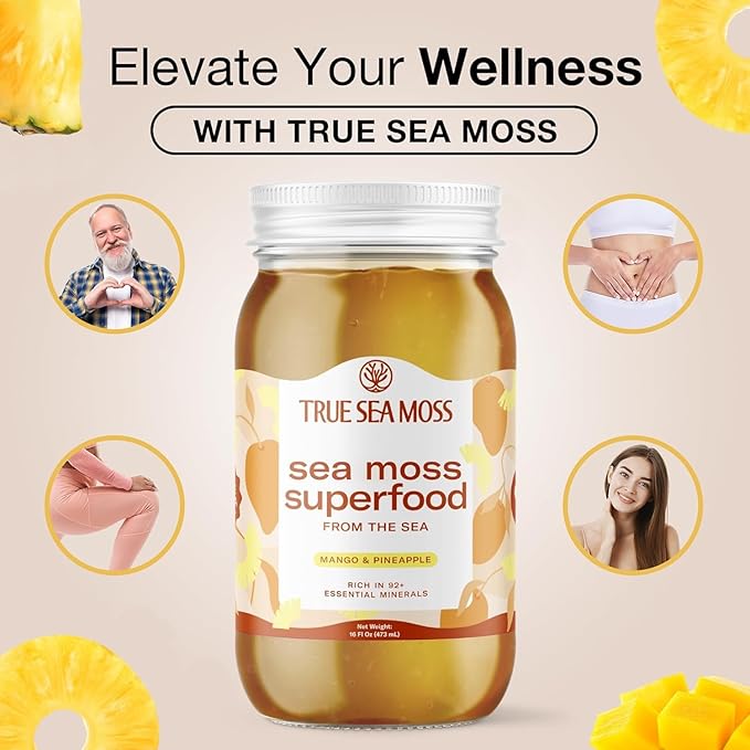 TrueSeaMoss Wildcrafted Irish Sea Moss Gel - Made with Dried Seaweed & Fresh Sea Vegetables, Seamoss, Antioxidant Supports Digestion - Made in USA (Mango/Pineapple, Pack of 3)