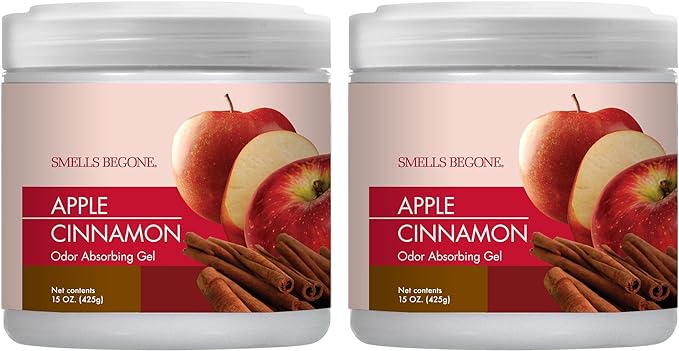 SMELLS BEGONE Air Freshener Odor Absorber Gel - 15 oz, Pack of 2 - Absorbs and Eliminates Odor in Pet Areas, Bathrooms, Cars, & Boats - Made with Essential Oils - Apple Cinnamon Scent