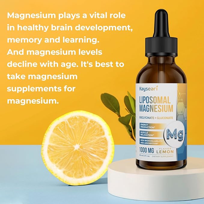 High Strength Liposomal Magnesium Drops, Easily Absorbed Chelated Forms of Magnesium Bisglycinate and Magnesium Gluconate, 60ML Lemon Flavored Liquid Drops
