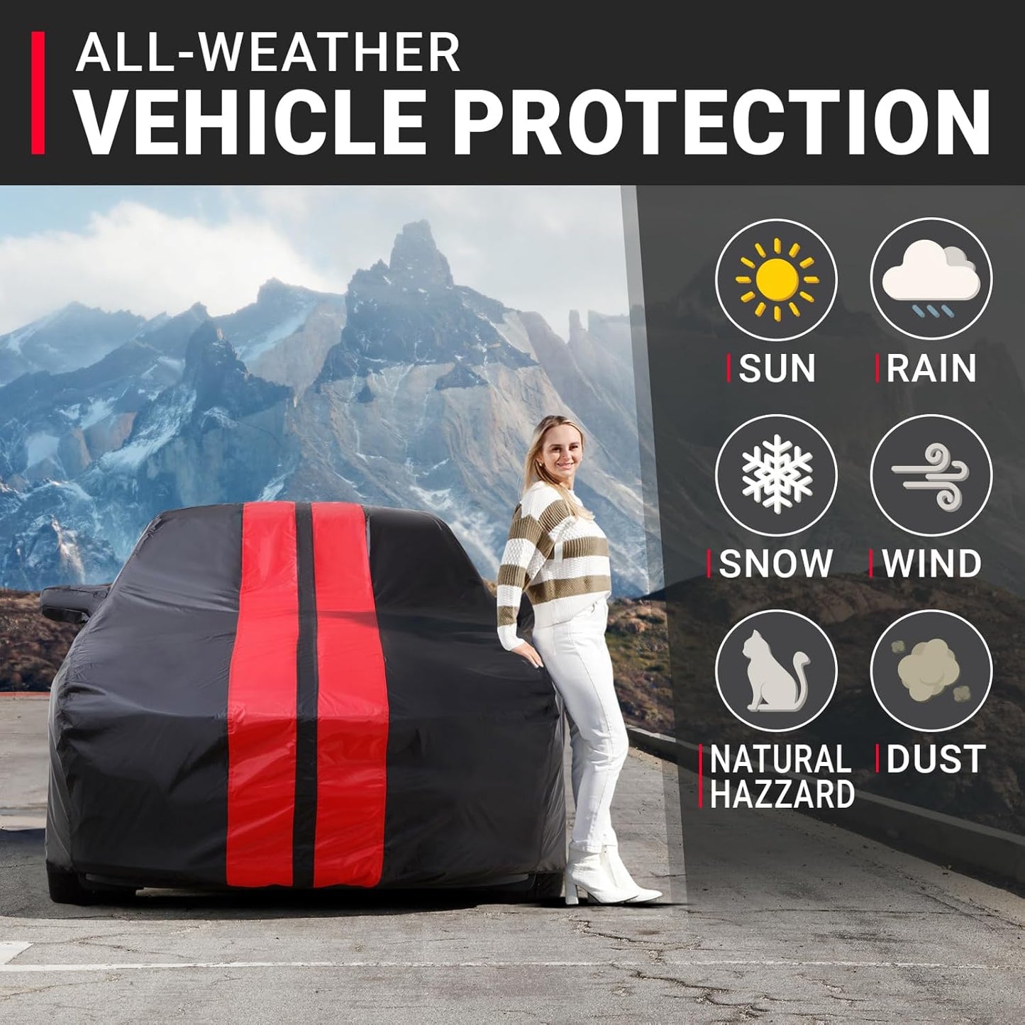 iCarCover Custom Car Cover for Chevy Cavalier (1988-2005) Waterproof All Weather Rain Snow UV Sun Protector Full Exterior Indoor Outdoor Car Cover (Stripe - Black/Red)