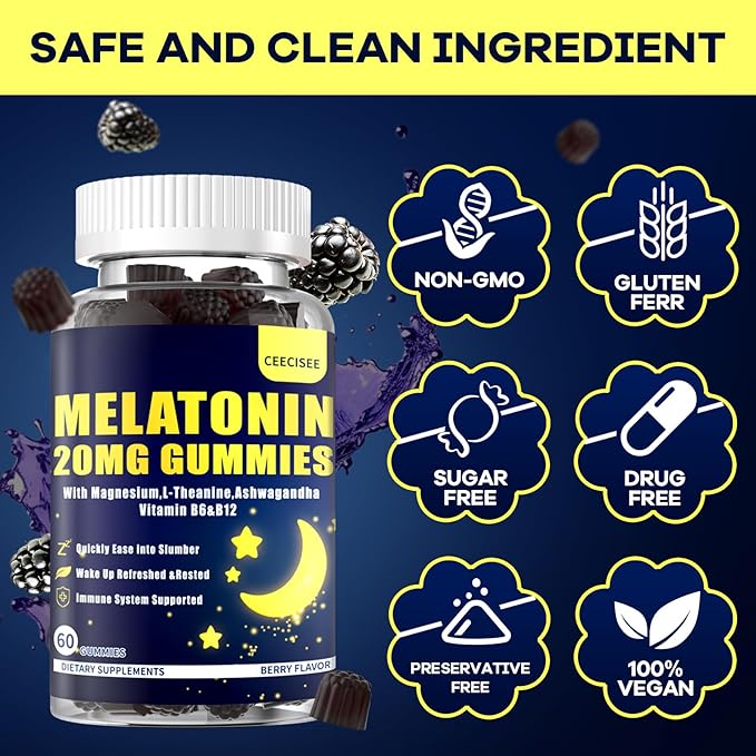 Melatonin 20mg Gummies for Women Men: Sugar Free Melatonin Supplement Extra Strength with Ashwagandha L-Theanine Magnesium Turmeric Vitamin D3 & B6 &B12 - Non-Habit Forming(120Count)