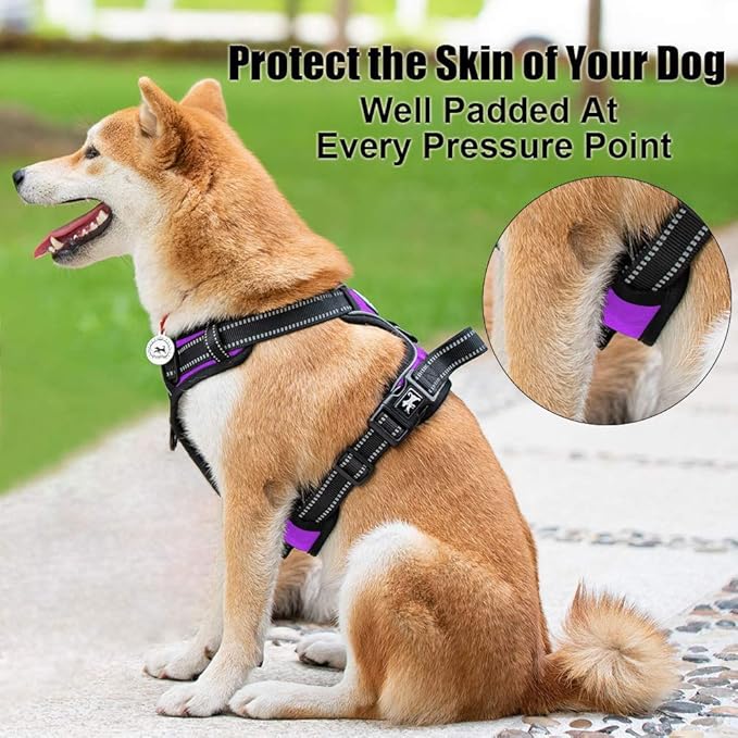 PoyPet No Pull Dog Harness, Reflective Comfortable Vest Harness with Front & Back 2 Leash Attachments and Easy Control Handle Adjustable Soft Padded Pet Vest for Small to Large Dogs (Purple,S)