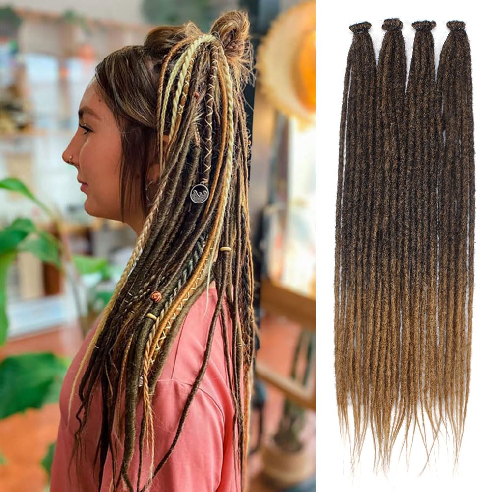 Kraler Dreadlock Extensions, 22'' Ombre Brown Synthetic Crochet Dreads Extensions 100% Handmade Single Ended Dreads Thin 0.6Cm W