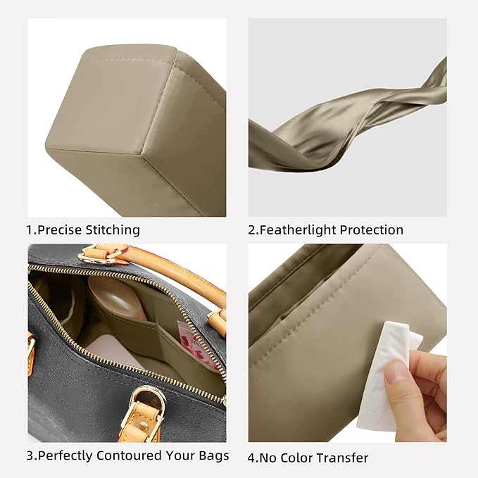 DGAZ Silk Purse Organizer Insert Fits LV Speedy 16/20/25/30/35/45 bags，Silky Smooth Bag Organizer，Luxury Handbag & Tote Shaper（Etoupe grey，SP30）