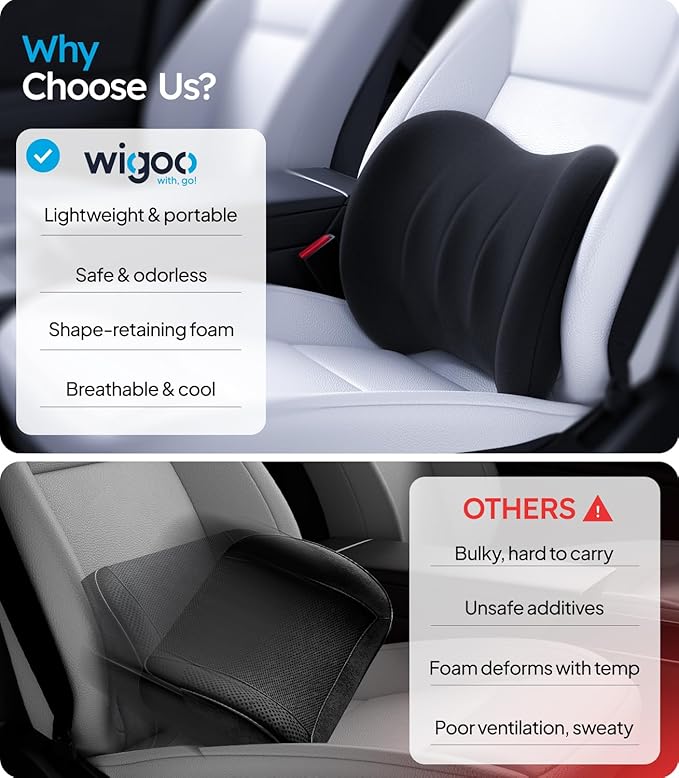 Wigoo 2026 Lumbar Support Pillow for Car [Ergonomic Design, Pressure Relief] Back Cushion for Driving Seat, Back Support Pillow for Car-Office Chair, Fits All Vehicles (Black 1-Pack)