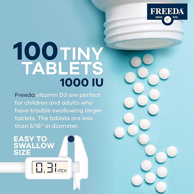 FREEDA Vitamin D3-1000 IU - Pure High Potency Kosher Supplement Tablets - Bone and Muscle Health, Calcium Absorption, Immune Support for Men and Women* - 100 Count