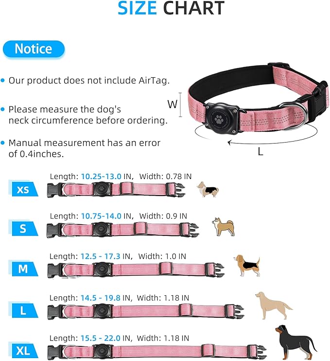 Upgraded AirTag Dog Collar, IP68 Waterproof Air Tag Dog Collar Holder, Reflective, Ultra-Durable, Comfortable Padded, Heavy Duty Dog Collars for Small Medium Large Dogs (XS (10.25"-13"), Pink)