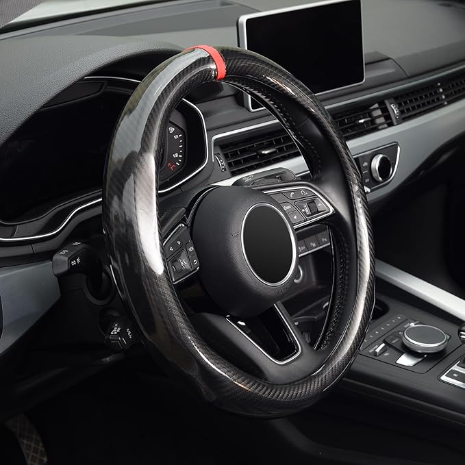 ZHOL Carbon Fiber Steering Wheel Cover, Universal Standard Size 14.5-15 inch Fashion Sport Auto Car Steering Wheel Accessories for Men, Black