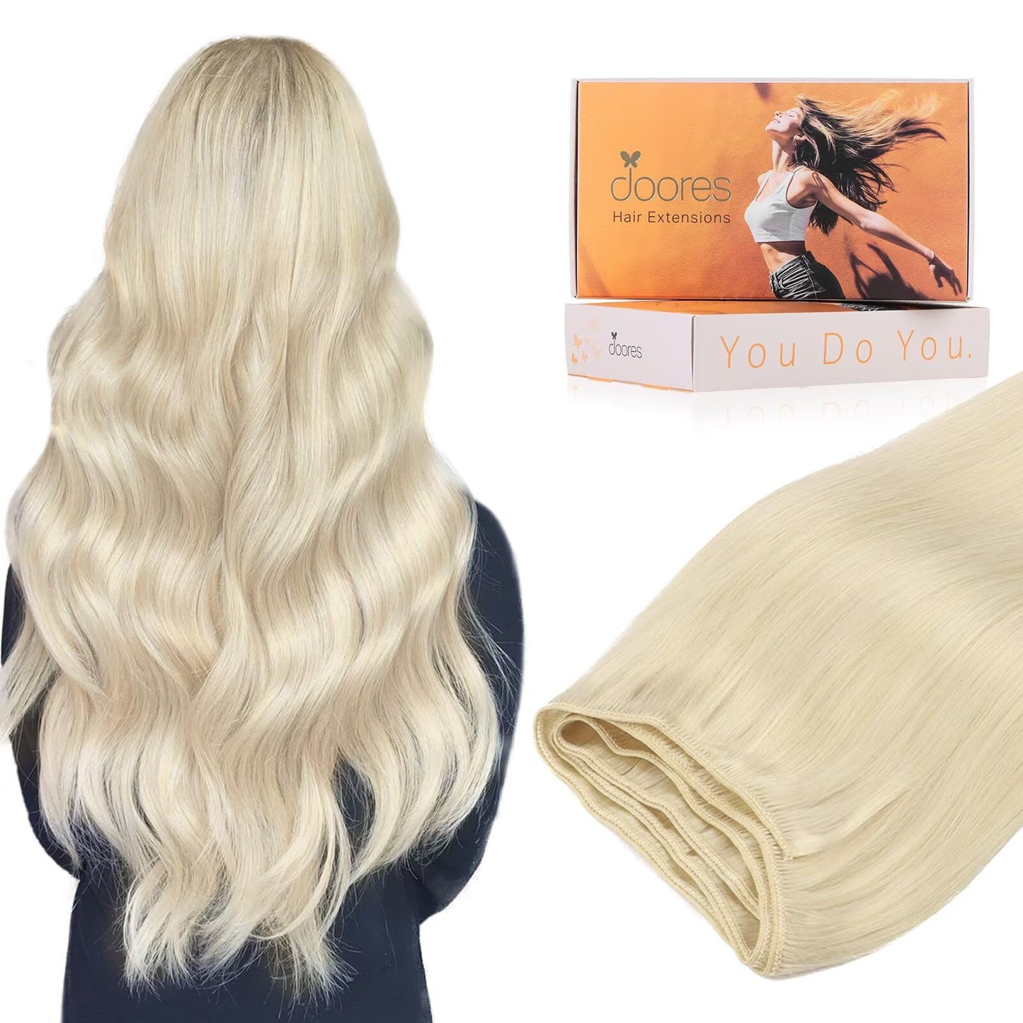Doores Weft Hair Extensions Sew In, Platinum Blonde 14 Inch 80G, Sew In Hair Extensions Real Human Hair Natural Straight For Wom