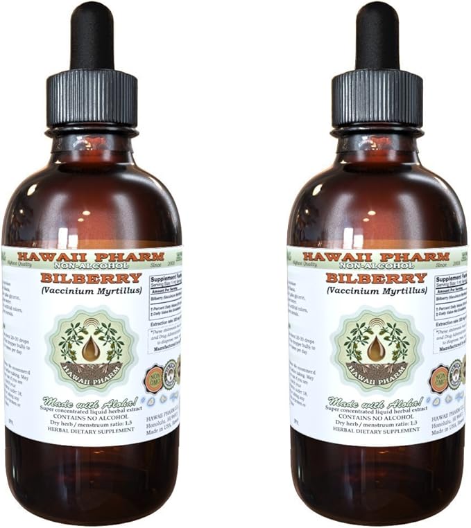Bilberry Alcohol-Free Liquid Extract, Organic Bilberry (Vaccinium myrtillus) Dried Leaf Glycerite Hawaii Pharm Natural Herbal Supplement 2x2 oz