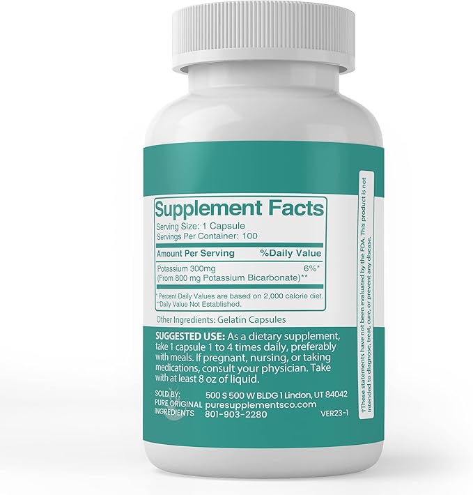 Pure Original Ingredients Potassium Bicarbonate, (100 Capsules) Always Pure, No Additives or Fillers, Lab Verified
