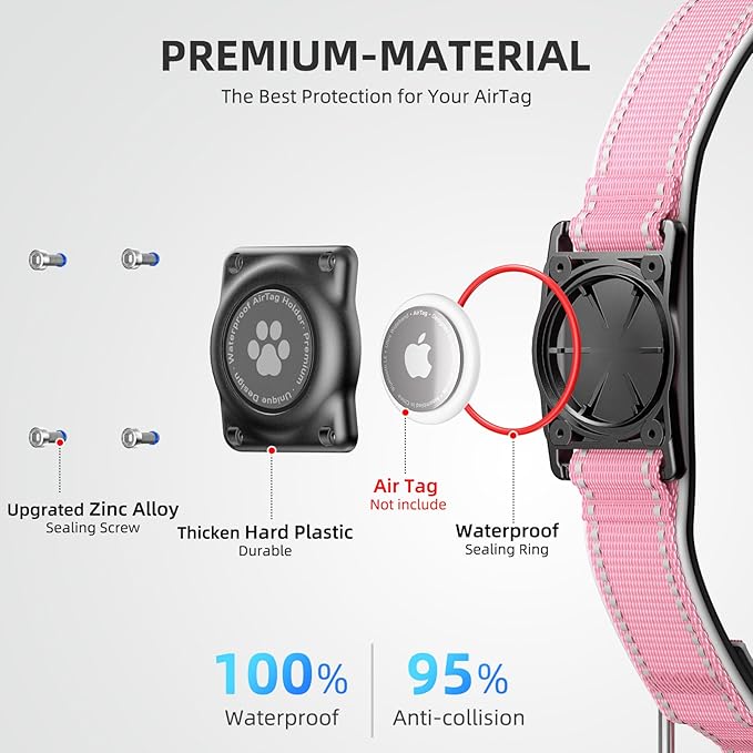 Airtag Dog Collar - 100% Waterproof Air tag Dog Collar Holder for Apple AirTag, Reflective, Soft Padded, Everlasting, GPS Dog Collar for Small Medium Large Dogs (Pink, L)