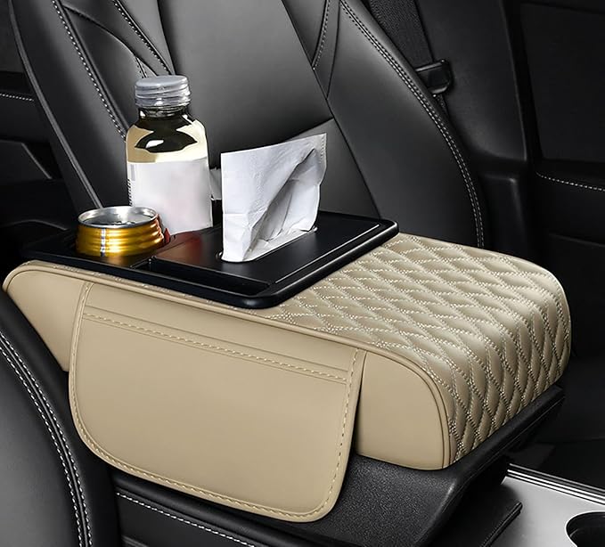 Car Armrest Center Console Cover for Acura Integra 2022–2025, Center Console Pad with Cup Holder, Multifunctional Armrest Cushion,E Beige