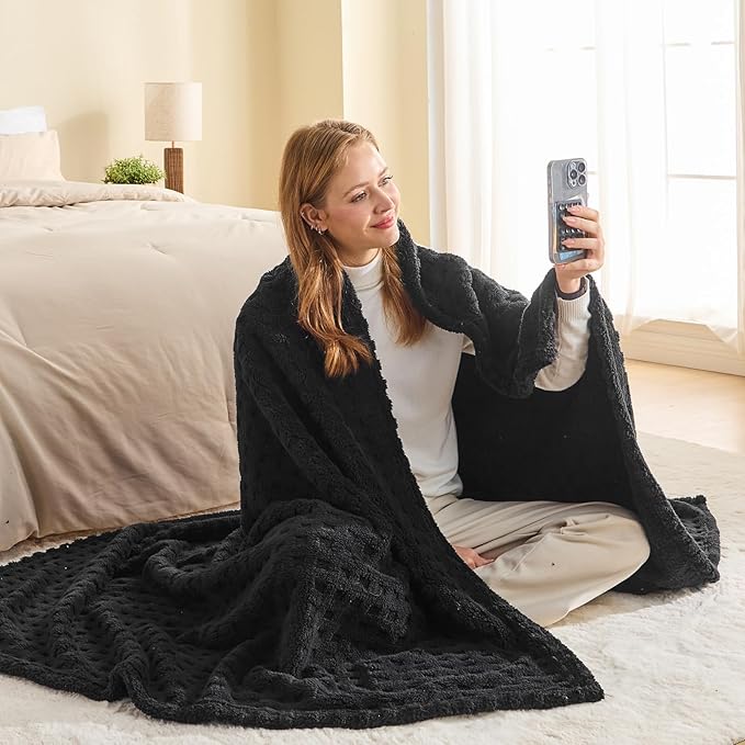 NEWCOSPLAY Super Soft Throw Blanket Black Premium Silky Flannel Fleece 3D Waffle Checkered Lightweight Bed Blanket All Season Use (Black, Throw(50"x70"))