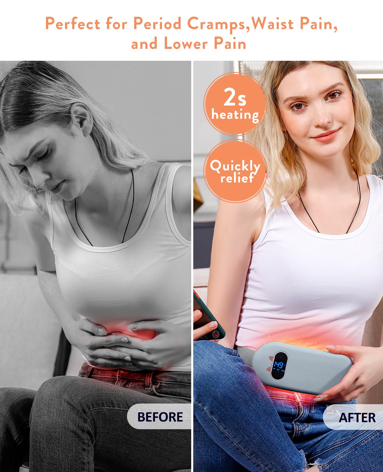Portable Heating Pad for Period Cramps: Cordless Menstrual Heating Pad with 6 Heat Levels and 6 Massage Modes, 3s Fast Heating Gift for Women and Girl(Pink)