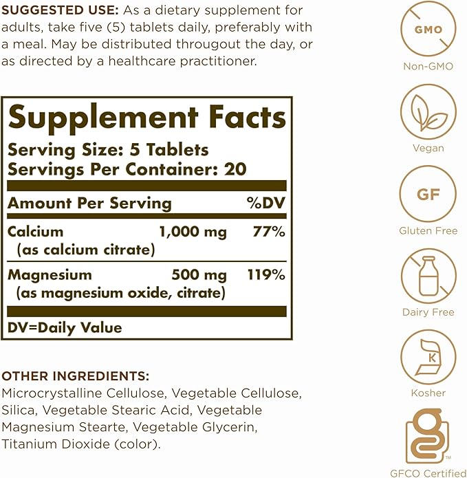 Solgar Calcium Magnesium Citrate - 100 Tablets, Pack of 3 - Non-GMO, Vegan, Gluten Free, Kosher - 60 Total Servings