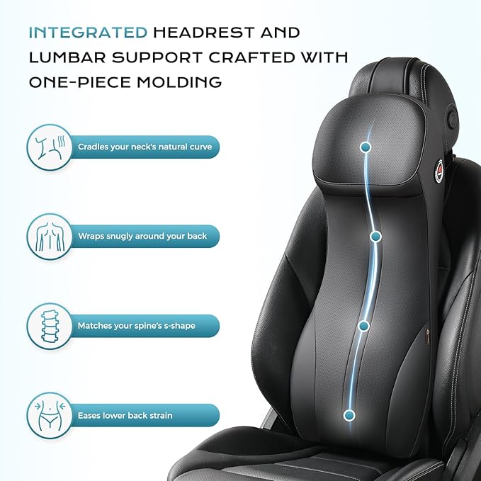 Coverado Car Seat Cushion and Lumbar Support Headrest Pillow One Piece, Ergonomic Memory Foam Car Neck Pillow & Back Support, Soft Leather Breathable Driving Seat Cushion Sciatica Pain Relief, Black