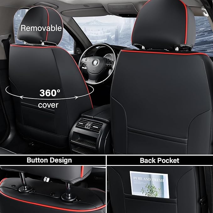 Coverado Seat Covers, Car Seat Covers Full Set, Leather Seat Covers for Cars, Car Seat Protector, Black Car Seat Covers Front Seats and Back Seats Universal Fit for Most Cars Redline