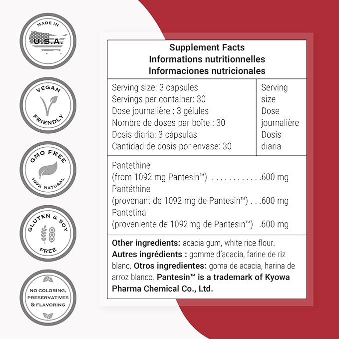 Supersmart - Pantesin Pantethine 600 mg per Day (Pantothenic Acid) - Active Vitamin B5 Supplement | Non-GMO & Gluten Free - 90 Vegetarian Capsules