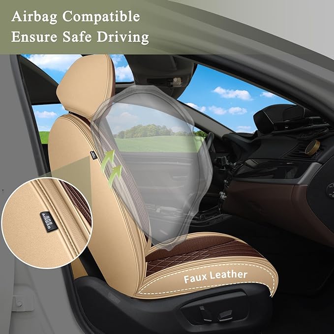 Breathable Car Seat Covers for Mazda CX5 CX-5 2026 2025 2024 2023 2022 2021 2020 2019 2018 2017 2016 2015 2014 2013, Perforated Leather Full Set 5 Seats, for Mazda CX5 CX-5 Accessories (Beige&Brown)