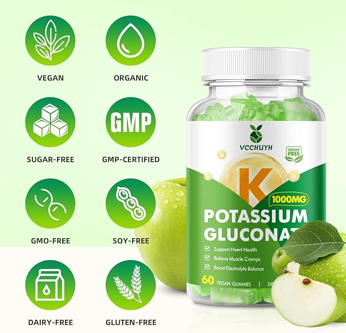 Potassium Gummies 1000mg for Adults & Kids, High Dose Potassium Gluconate Supplement Potassium Gluconate Gummies Support Muscle Cramps Electrolyte Balance, Apple Flavor 120 Count