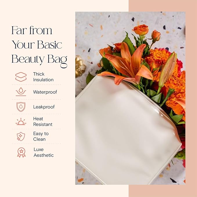 Stay Golden Insulated Waterproof Makeup Bag for Women Heat-Resistant Travel Cosmetic & Toiletry Bag | Luxurious Vegan Leather Portable Makeup Organizer (White with Silver Zipper, Medium)