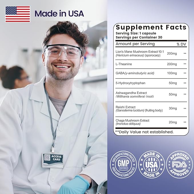 Lions Mane Mushroom Supplement Modern Mushrooms Capsules, Mushroom Supplement with Lions Mane, L-Theanine, & Ashwagandha Extract to Support Energy, Focus, Immunity, & Digestion - 30 Caps