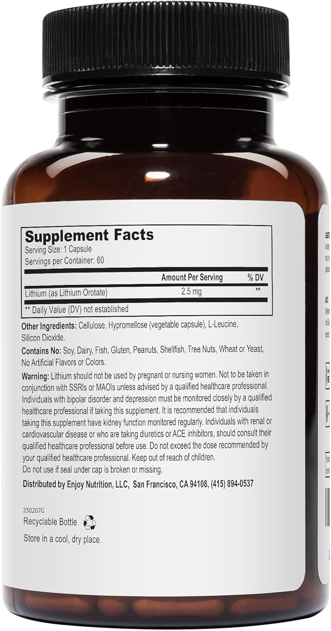 Lithium Orotate 2.5mg (1 Bottle), 60 Vegetarian Capsules, Lithium Supplement Supports Healthy Mood, Behavior, Memory and Wellness