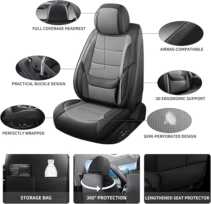 Car Seat Covers Full Set Custom Fit for Mercury Milan 2006-2011,Premium Faux Leather with Lumbar Support, Breathable, Anti-Slip & Soft Touch(blackgray,Fullset)