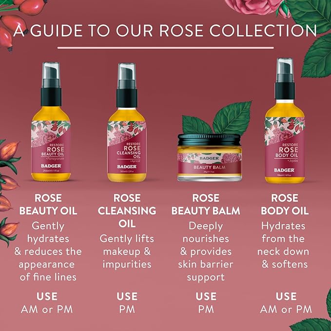 Badger Rose Face Cleansing Oil, Organic Facial Cleanser & Makeup Remover, Non-Greasy Moisturizing Skin Balancing Gentle Face Cleanser w/Pure Rose Oil, 2 fl oz Glass Bottle