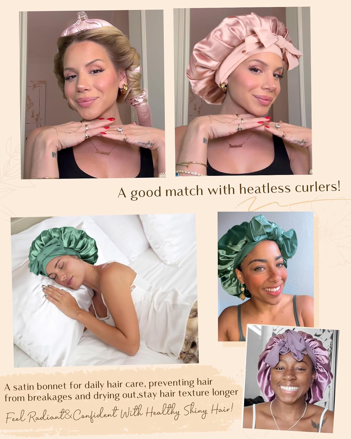 Silk Sleeping Bonnet for Women | Double Layer Satin Lined | Curly Hair, Black