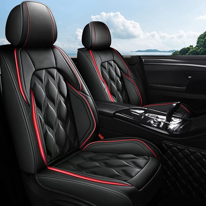 AOMSAZTO Front Seat Covers Fit for Toyota RAV4 2007-2026 Waterproof Faux Leather Car Seat Cover Compatible with Airbag(2PCS Front, Black&Red)