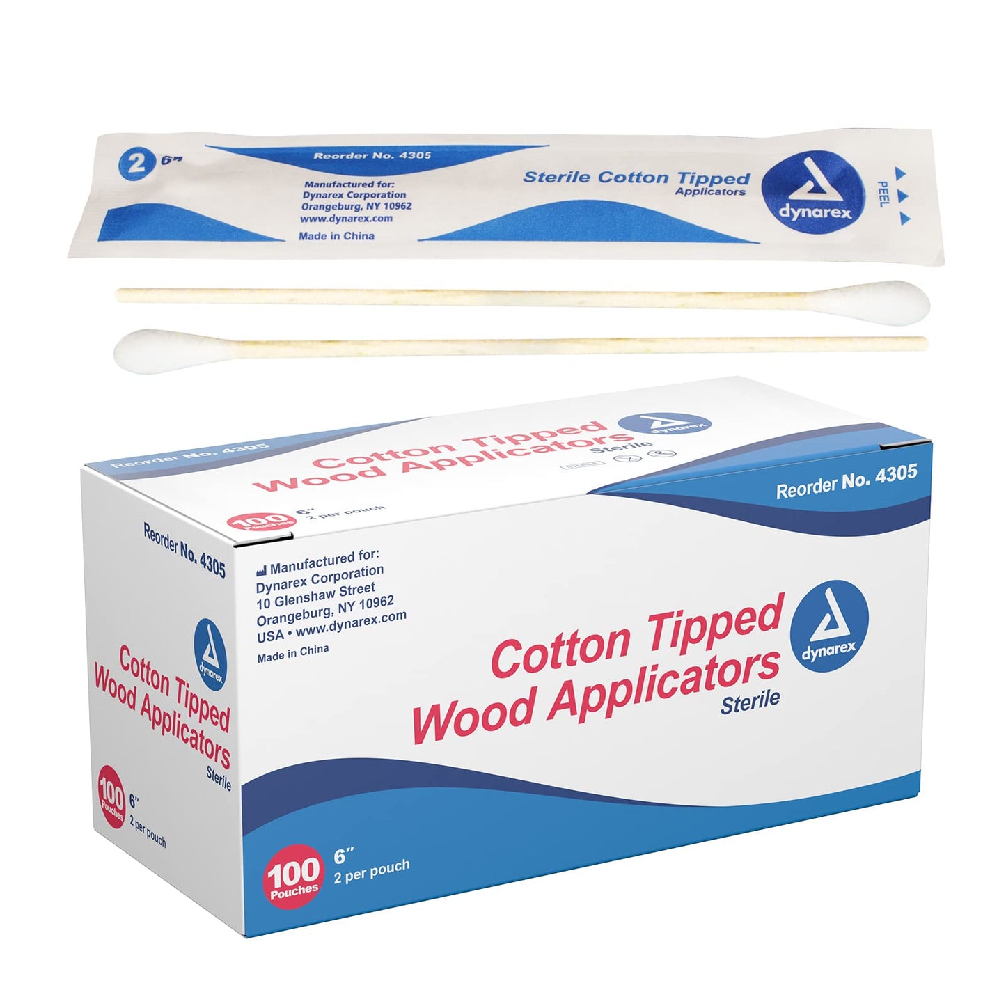 Dynarex 6-Inch Sterile Cotton Tipped Applicators - Single-Use Wooden Cotton Tip Applicators For Wound Care & Dressing, Hygiene,