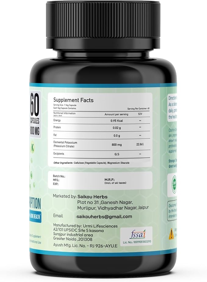 Potassium Citrate 800 mg High Absorption Potassium Supplement - 60 Servings Supports Electrolyte Balance - Pure and Potent