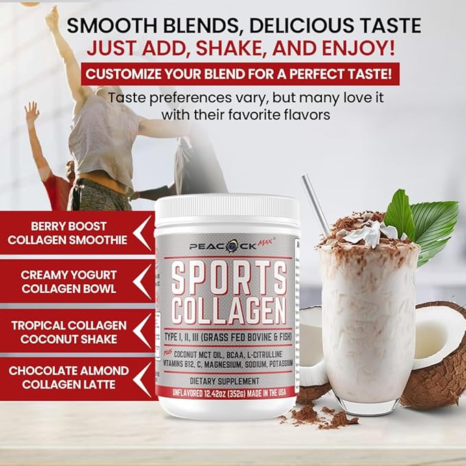 Sports Collagen Powder, 12.42 oz - Grass Fed Bovine & Wild Fish Hydrolyzed Type I, II, III Multi Collagen Peptides, Unflavored Protein Powder with BCAA, Magnesium & Electrolytes