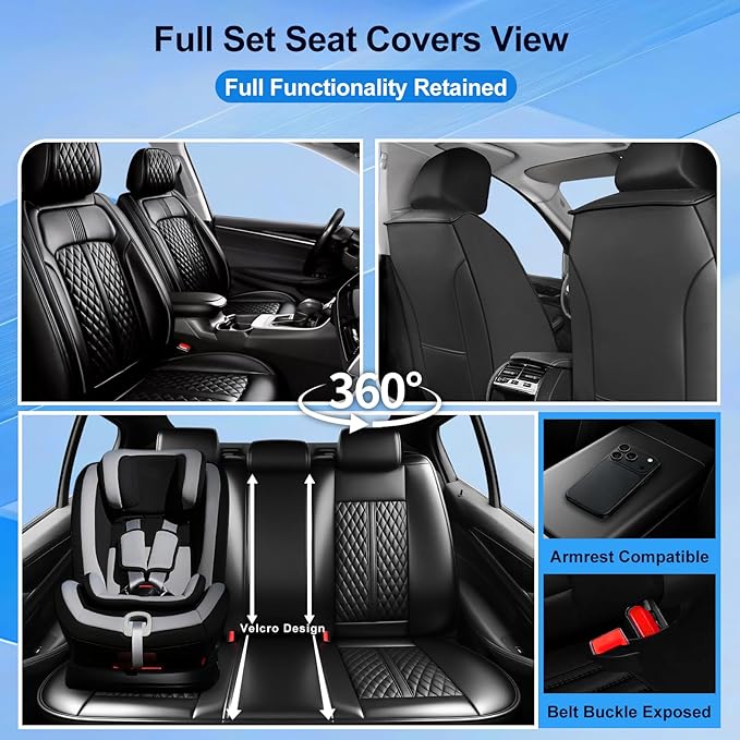 Fit Mazda 6 Car Seat Covers for Select Mazda 6 2007-2021, Premium Full Coverage Leather, Airbag Compatible, Luxury Waterproof All Weather Breathable Seat Cushion Protector, Full Set, Black
