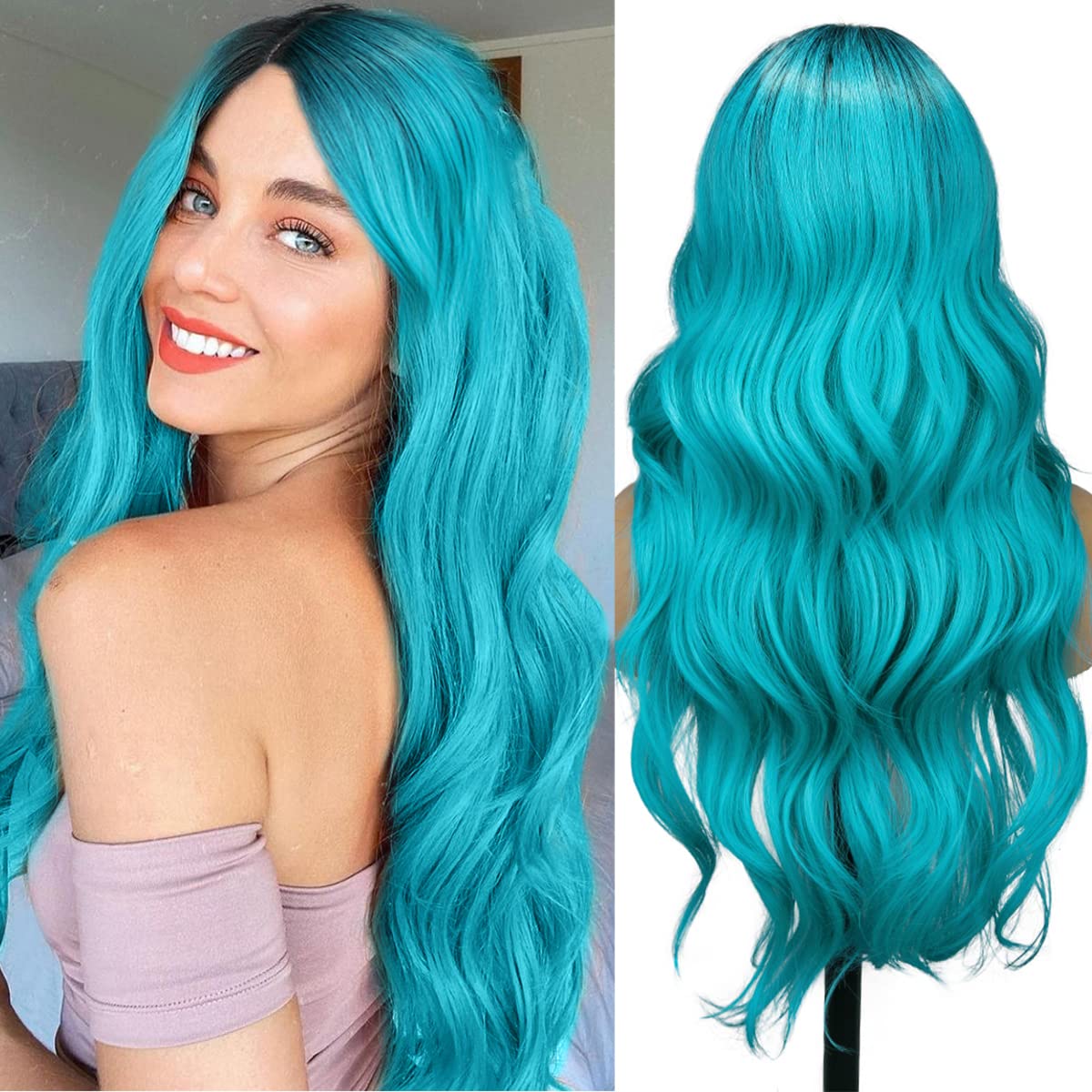 Fancy Hair Ombre Wig Bluish Light Blue Wigs Long Curly Wavy Hair Wigs 2 Tones Dark Roots Synthetic Teal Daily Party Cosplay Wigs