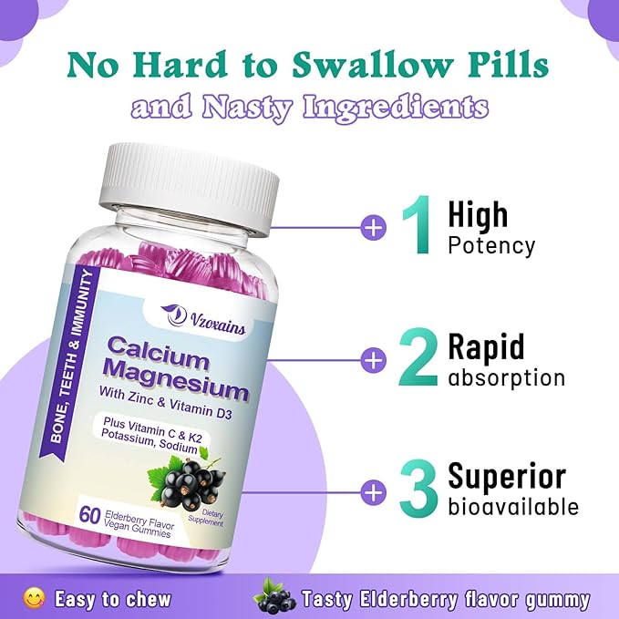High Absorption Calcium Gummies, Sugar Free Calcium Magnesium Supplement with Potassium Vitamin D3 for B0ne & Teeth Strength, Muscle Function - Vegan, Elderberry Flavor 120 Cts