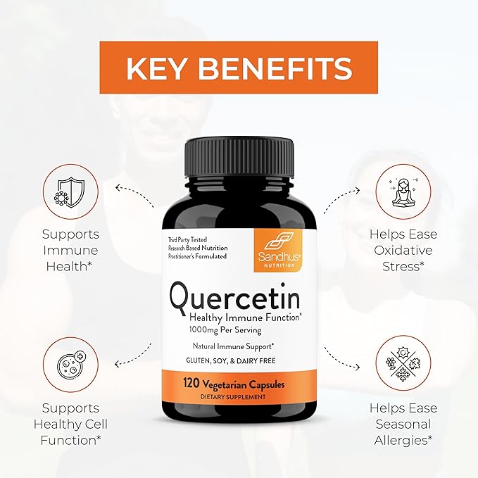Sandhu's Quercetin 1000mg Per Serving Vegetarian Supplements 120 Capsules (Pack of 2) Bioflavonoids for Immune Support & Respiratory Health, Seasonal Allergy Support | Quercitin for Men and Women