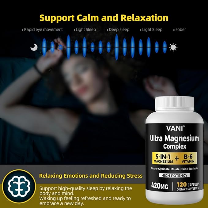 Magnesium Glycinate, （420mg） 5 in 1 Magnesium Complex & B6 Supplement for Nerve, Heart, Muscle Health & Relaxation*, Maximum Bioavailability & Absorption, Gluten Free, 120 Vegan Capsules
